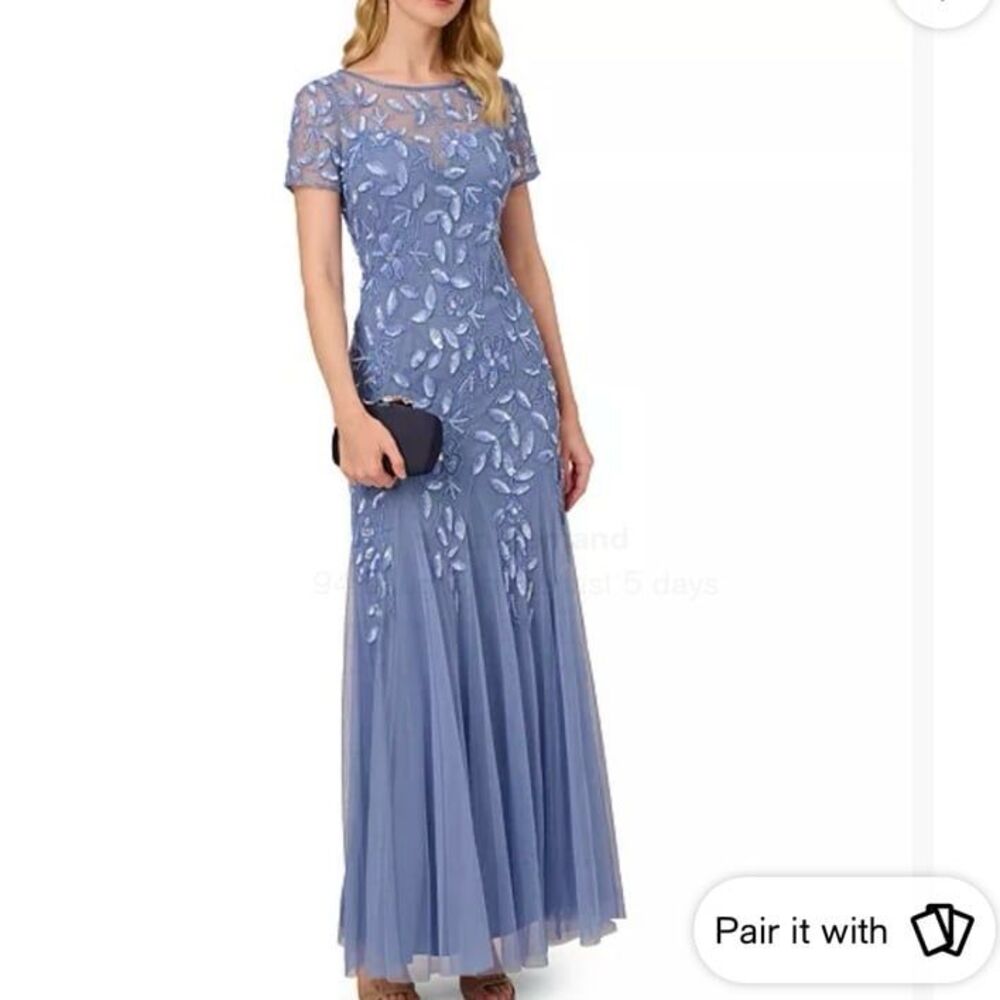 Adrianna Papell Dusty Blue Women's Floral-Beaded Gown